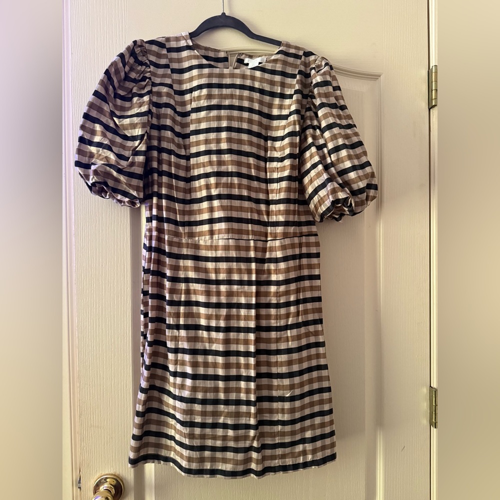 H&M Neutral Plaid Puff Sleeve Mini Dress | Size Large | Classic Check Print